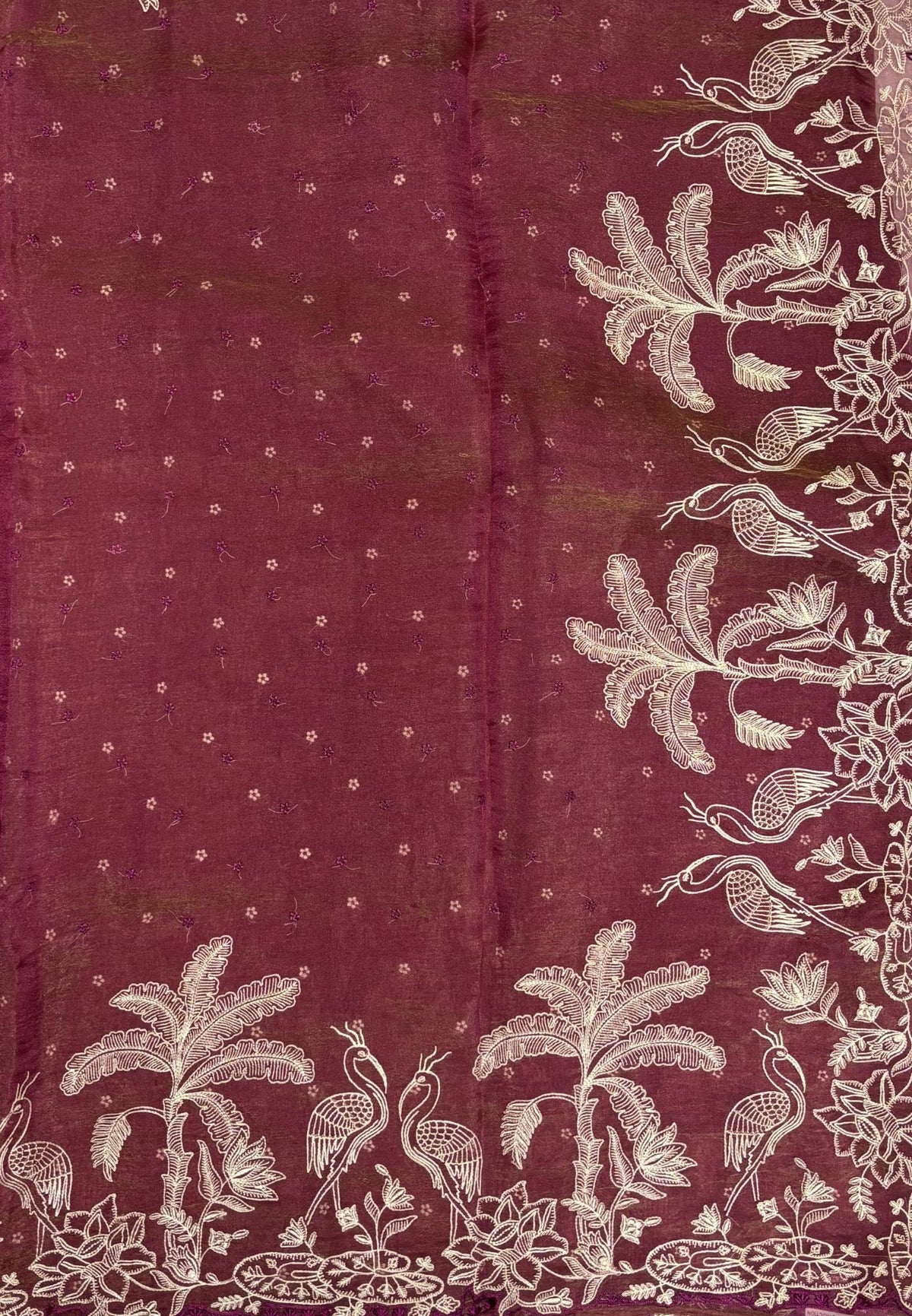 Tissue Organza Saree-Wine In Tropical Garden Border