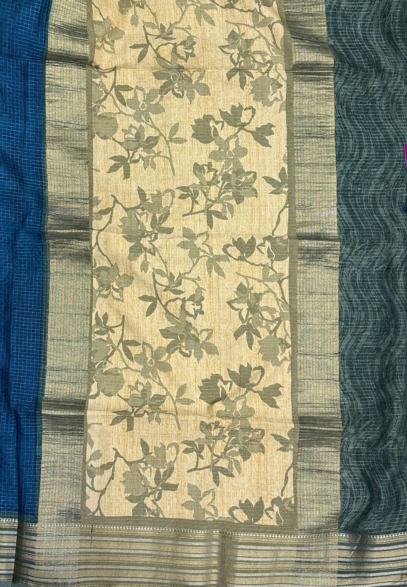 Muslin Tussar Saree-Blue In Floral Vine Border