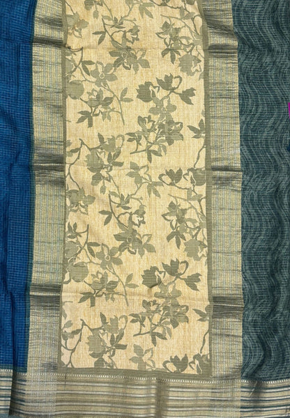 Muslin Tussar Saree-Blue In Floral Vine Border