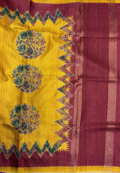 Semi Tussar Saree-Mustard in Zigzag Tribal Pattern Border