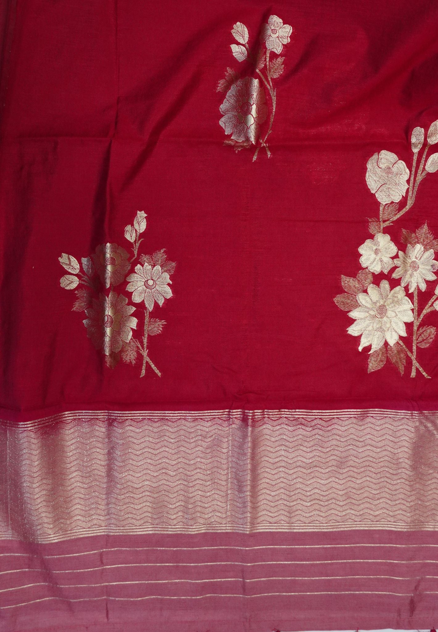 Semi Tussar Saree with Floral Zari Motifs - Brick Red