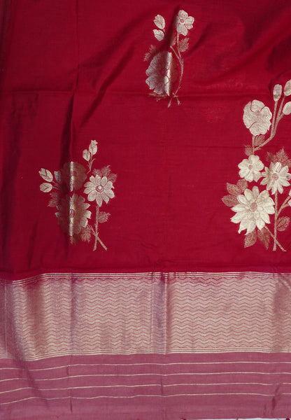 Semi Tussar Saree with Floral Zari Motifs - Brick Red