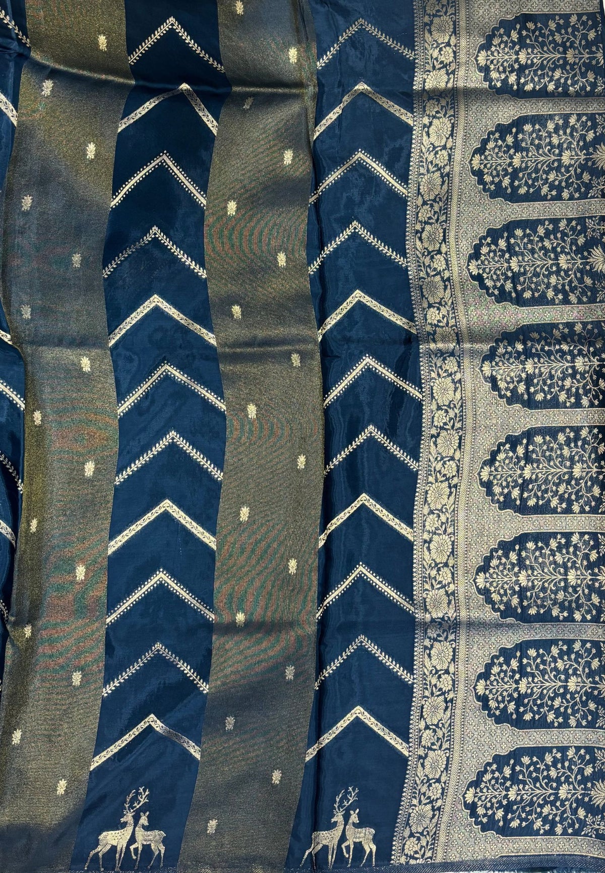 Banarasi Crepe Saree-Peacock Blue In Deer Motif Zari Border