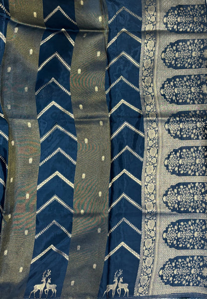 Banarasi Crepe Saree-Peacock Blue In Deer Motif Zari Border