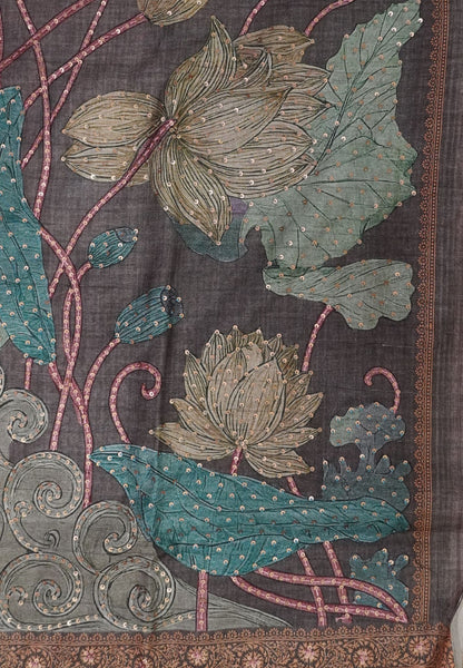 Tussar Saree-Mehandi Brown with French Knot & Sequence Work