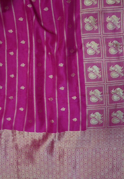 Satin Tussar Saree-Rani Pink with Checked Peacock Border