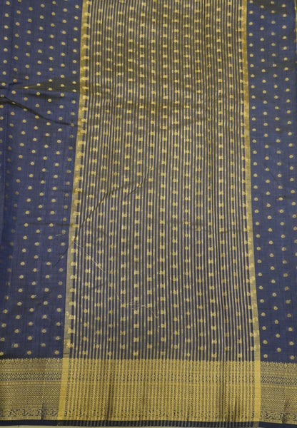 Semi Tussar Saree-Deep Navy Blue with Golden Zari Bud Buttas