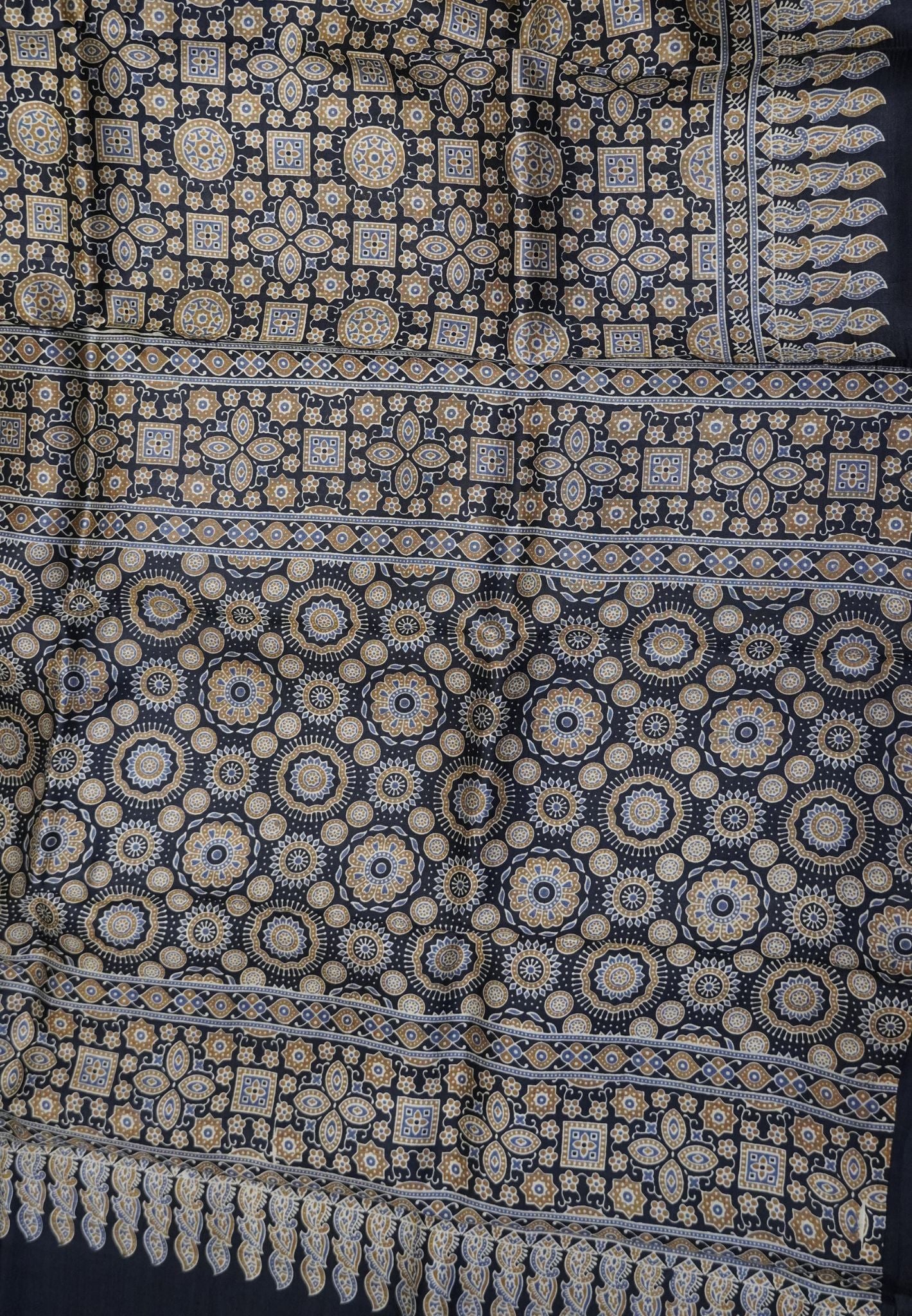 Pure Tussar Silk Saree – Black Ajrakh Print