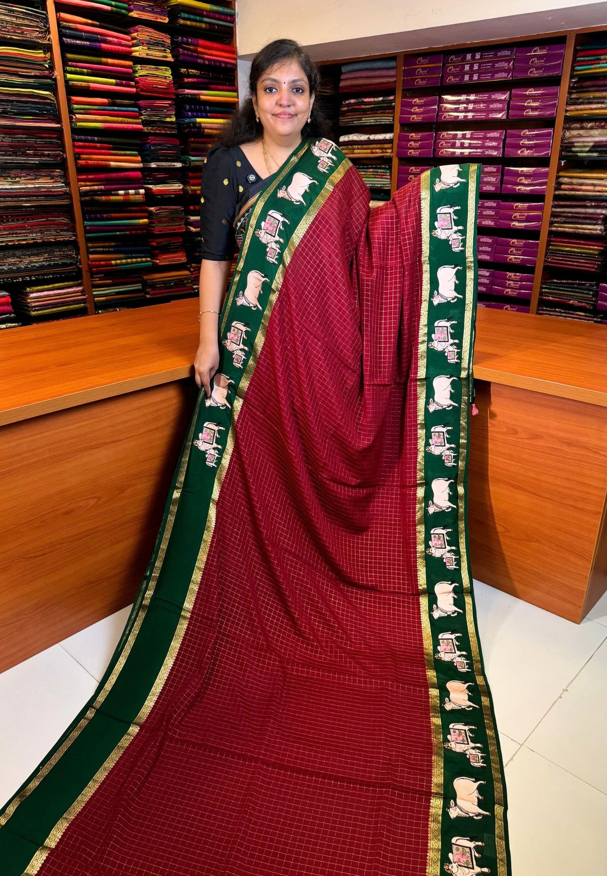 Pure Mysore Silk Saree-Arakku In Pichwai Embroidery With Contrast Border