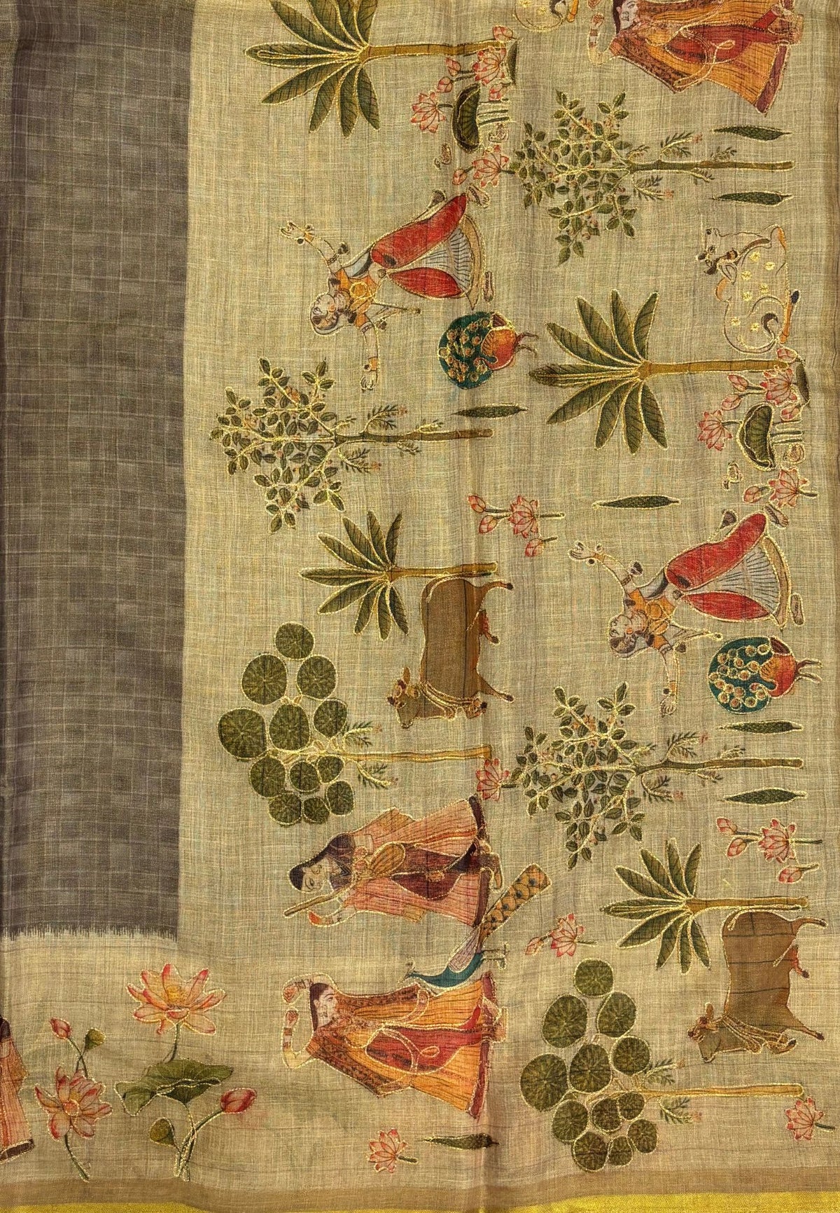 Tissue Linen Saree-Grey in Traditional Tribal Art Printed Border