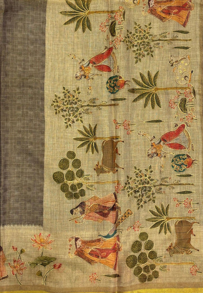 Tissue Linen Saree-Grey in Traditional Tribal Art Printed Border