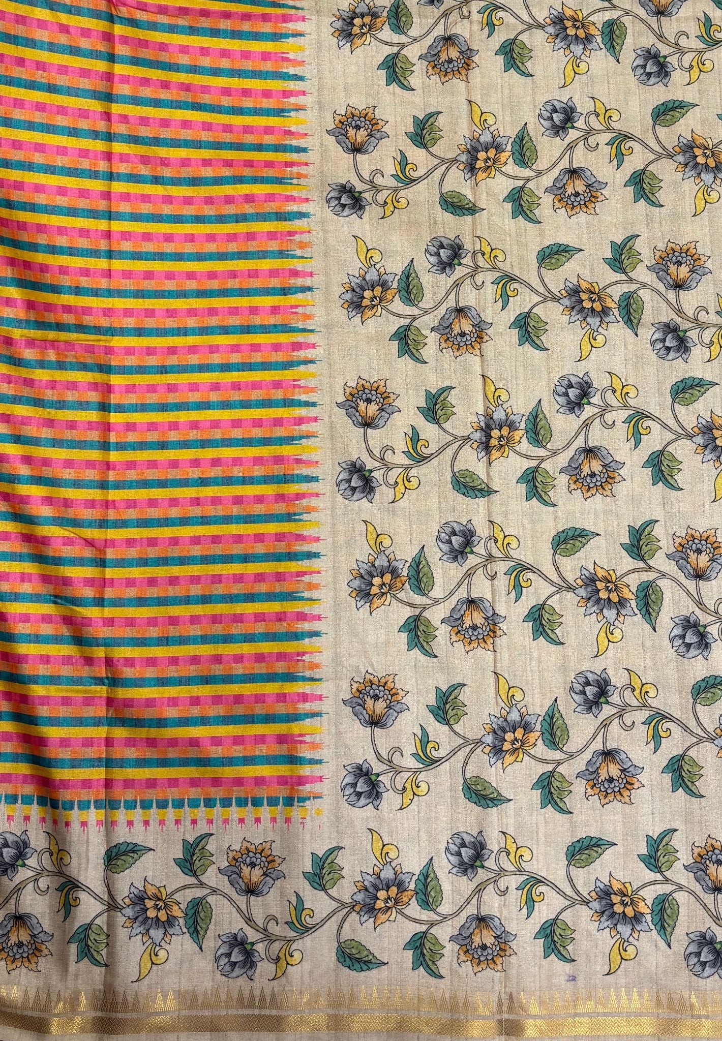 Semi Tussar Saree-Ramar Green in Mini Checks Floral Border