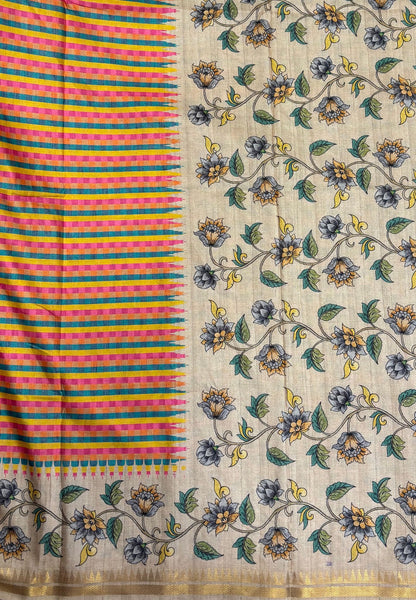 Semi Tussar Saree-Ramar Green in Mini Checks Floral Border