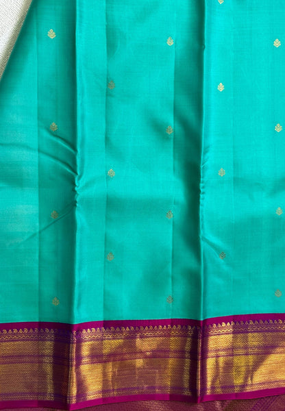 Pure Kanchipuram Silk Saree -Teal Green-Purple