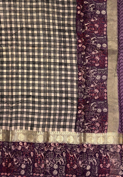 Pure Chanderi Saree-Purple In Linear Zari Border