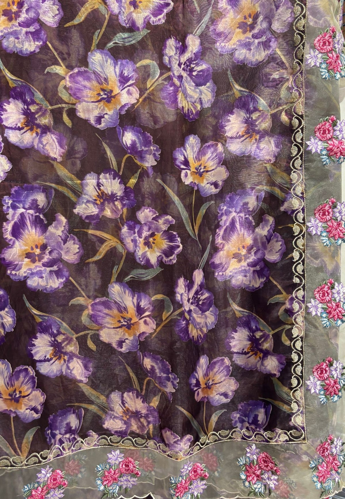 Designer Saree-Brown with Floral Hand Paint