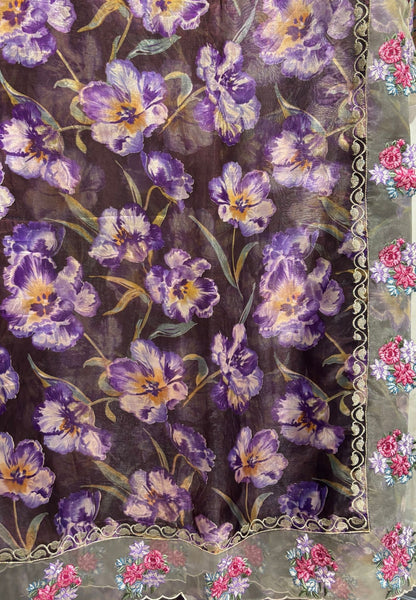 Designer Saree-Brown with Floral Hand Paint
