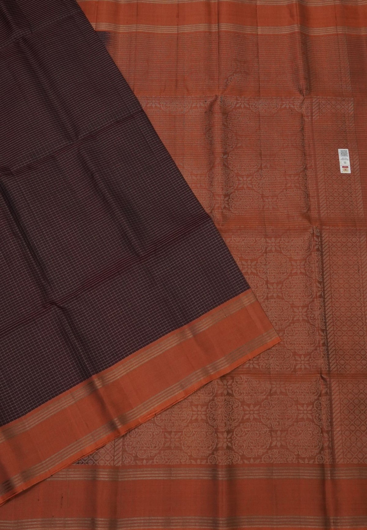 Pure Kanchipuram Silk Saree-Brown in Zari Checks with Contrast Rettapet Border