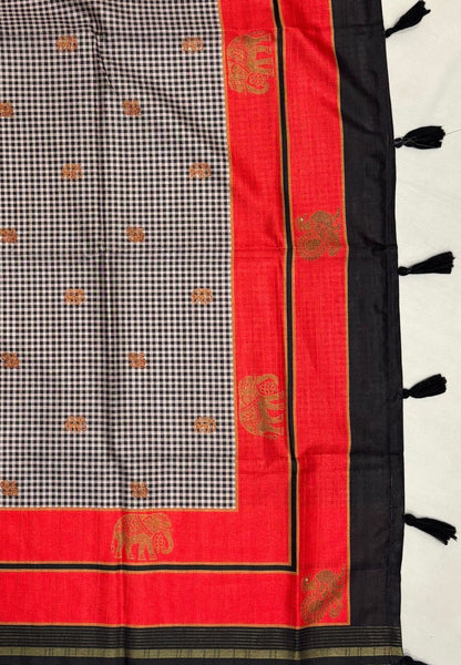 Semi Tussar Saree-Black with Podi Kattam