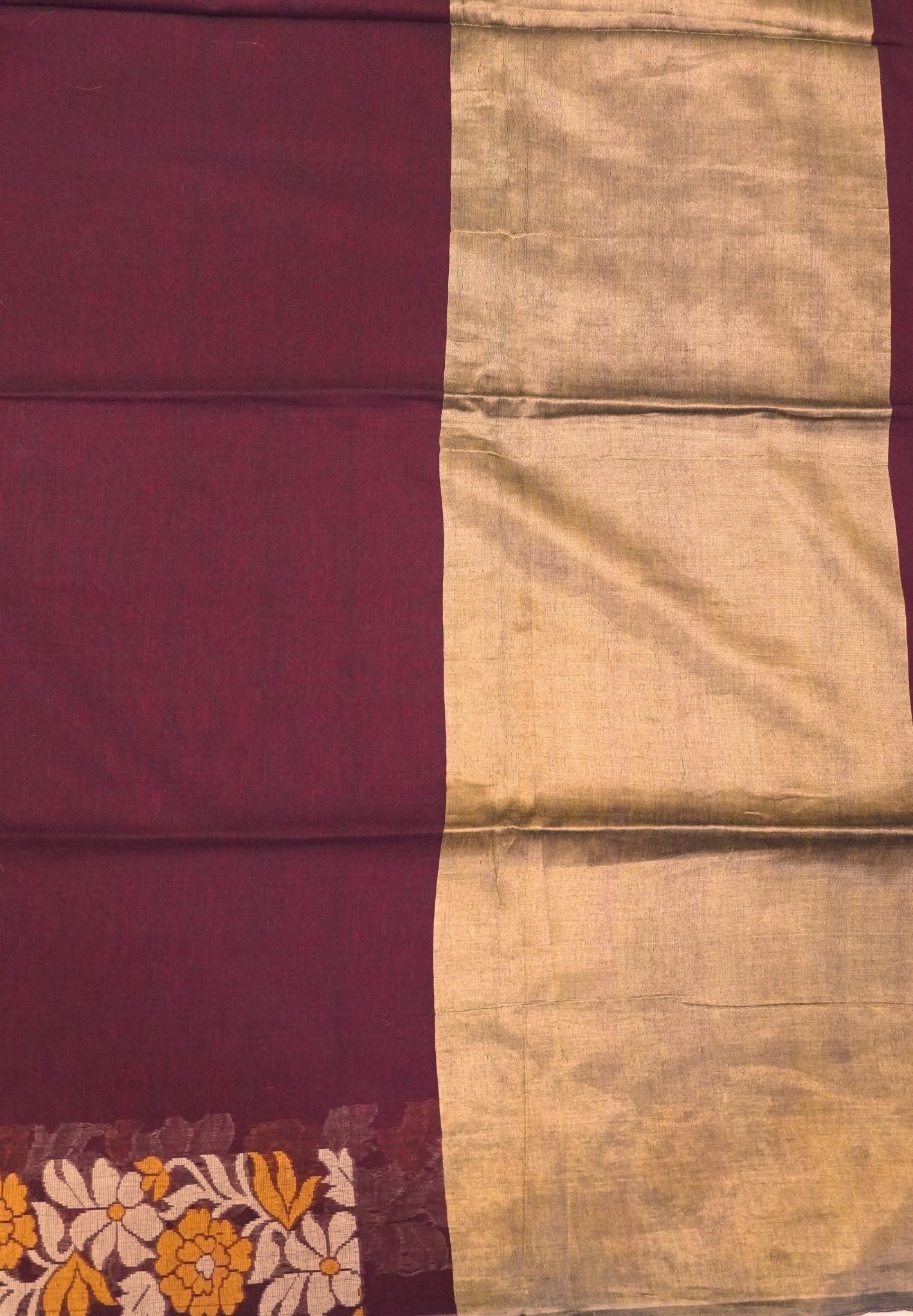 Handloom Cotton Saree-Maroon Marigold Floral Jamdhani Border