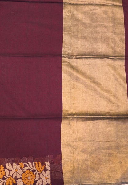 Handloom Cotton Saree-Maroon Marigold Floral Jamdhani Border