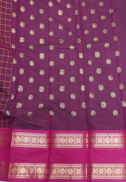 Chettinadu Cotton Saree-Burgundy Wine in Checkered Lines with Retapet Border