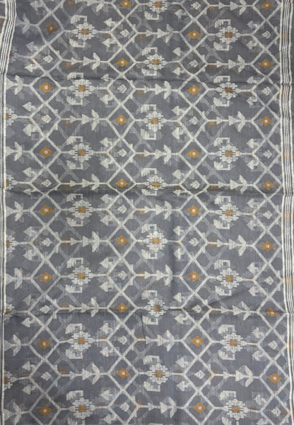 Handloom Cotton Saree-Grey in Diamond Pattern Border
