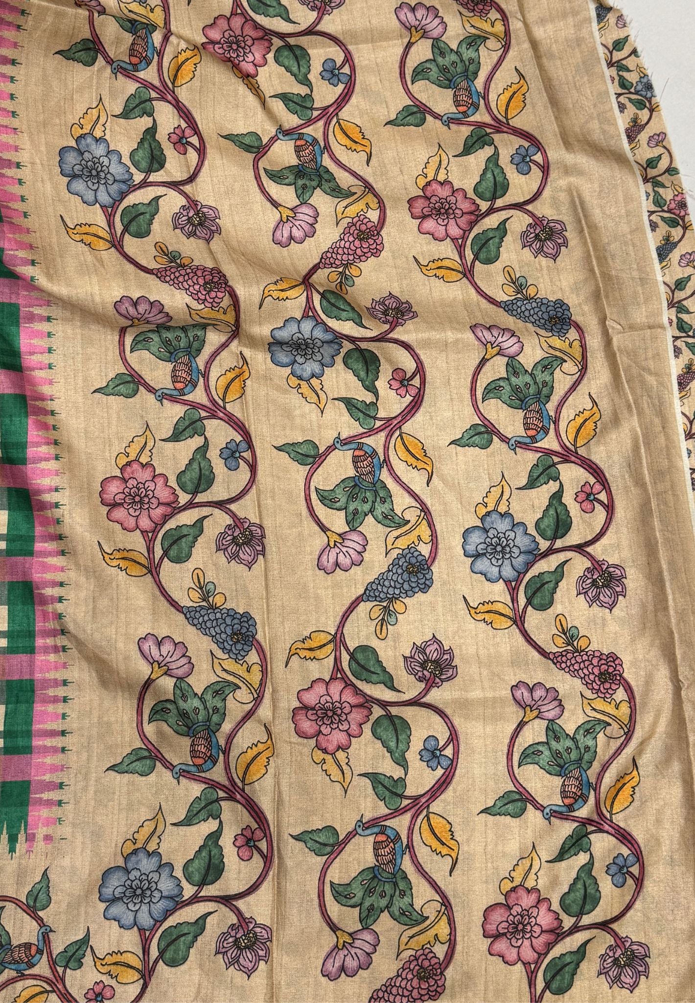 Semi Tussar Saree - Green Madras Checks With Floral Designs