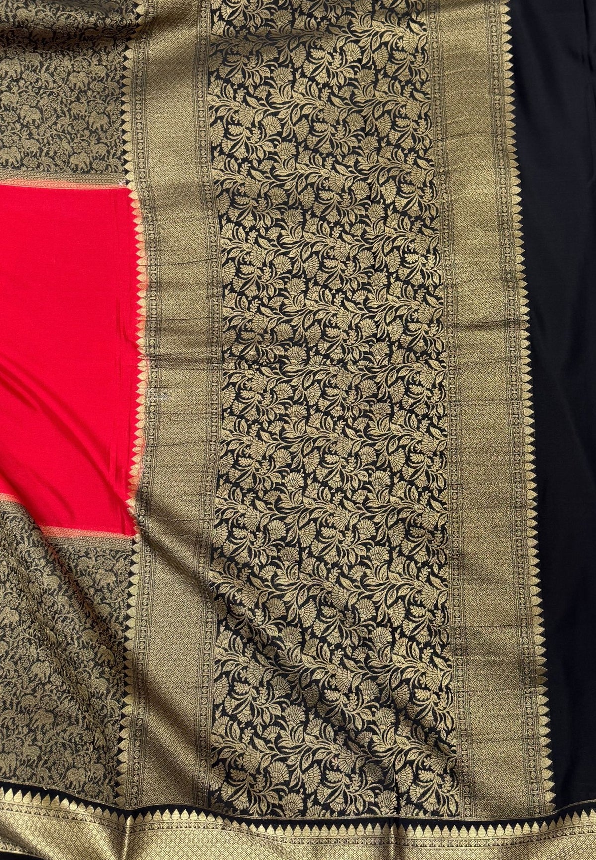 Art Mysore Silk Saree-Chilli Red-Black In Floral Zari With Contrast Border