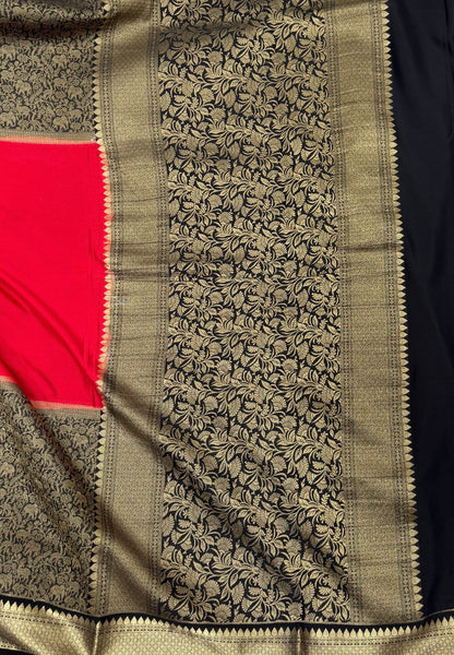 Art Mysore Silk Saree-Chilli Red-Black In Floral Zari With Contrast Border