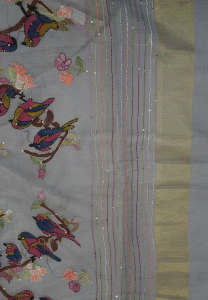 Kota Saree with Bird Embroidery Work - Grey