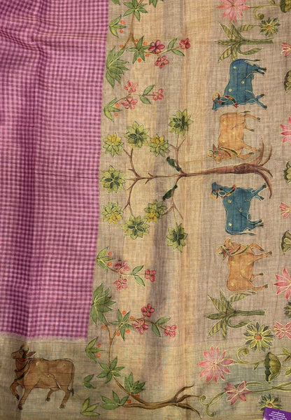 Tissue Linen Saree-Purple in Pichwai Art Printed Border