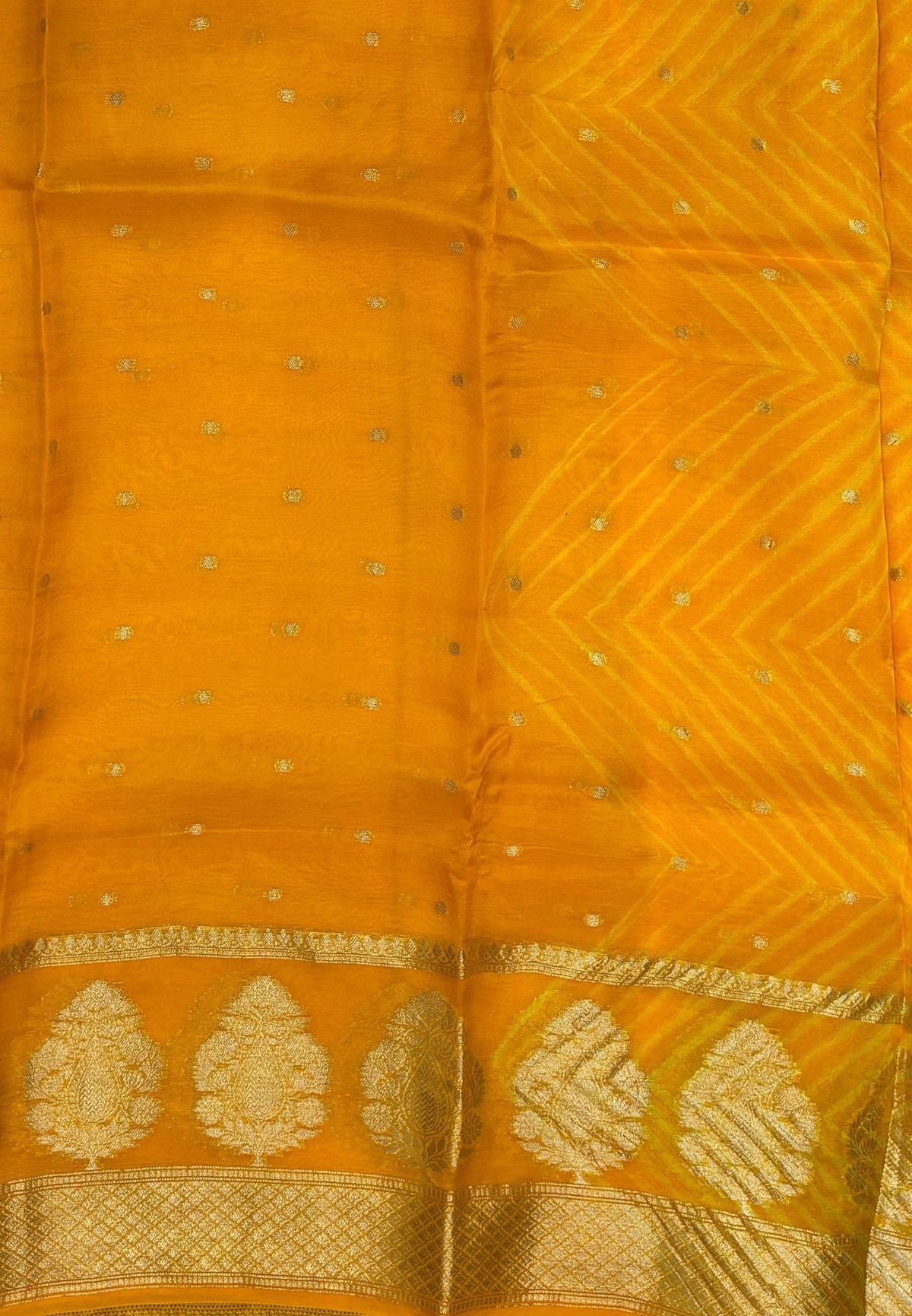 Pure Organza Tussar Saree-Yellow In Paisley Leaf Zari Border With Partly Pallu