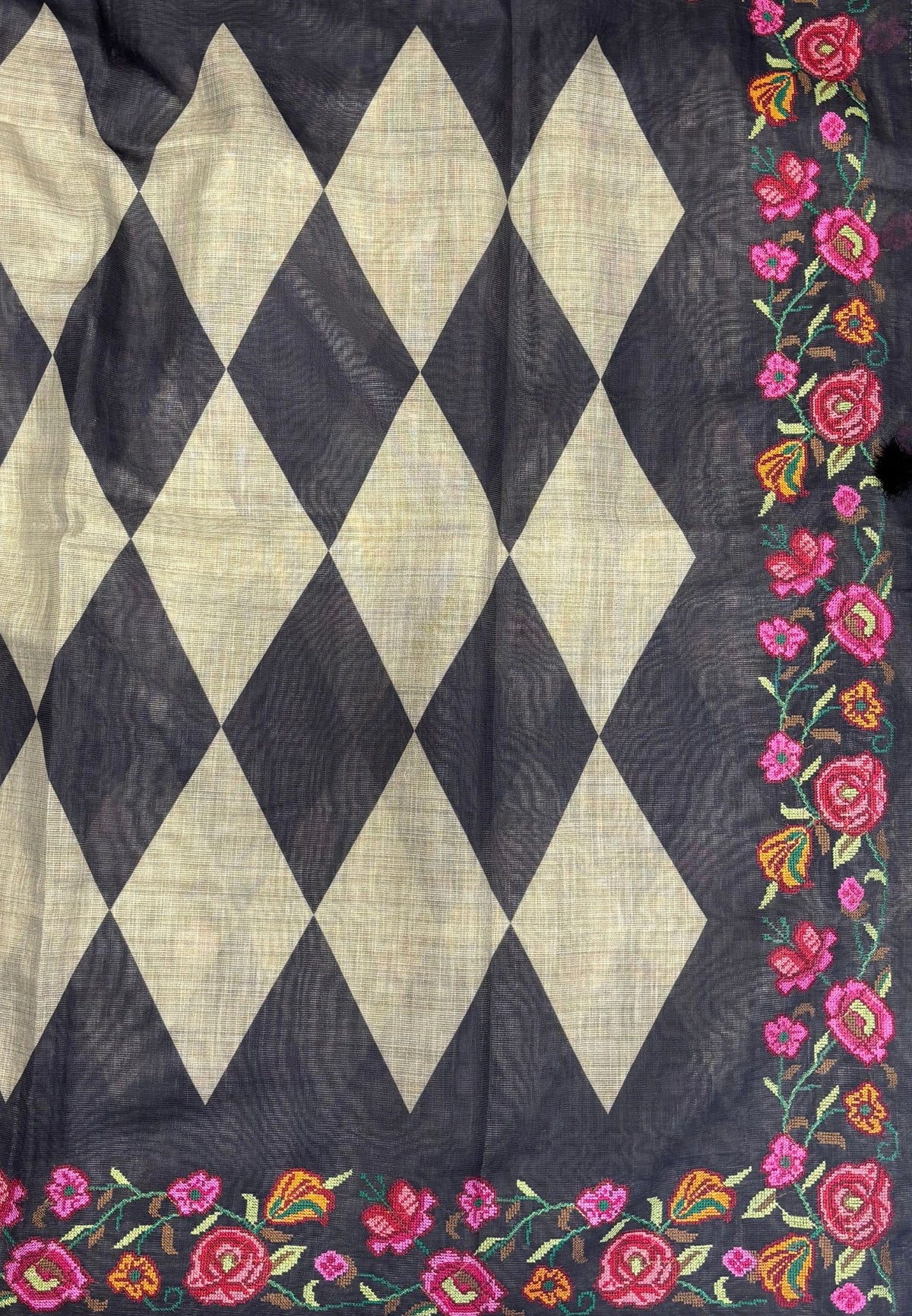 Tissue Linen Saree-Grey In Cross Stitch Floral Border