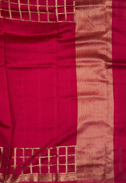 Semi Chinya Silk Saree-Redish Pink In Checkered Zari Border