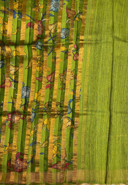 Pure Organza Tussar Saree-Light Green In Striped Zari Border