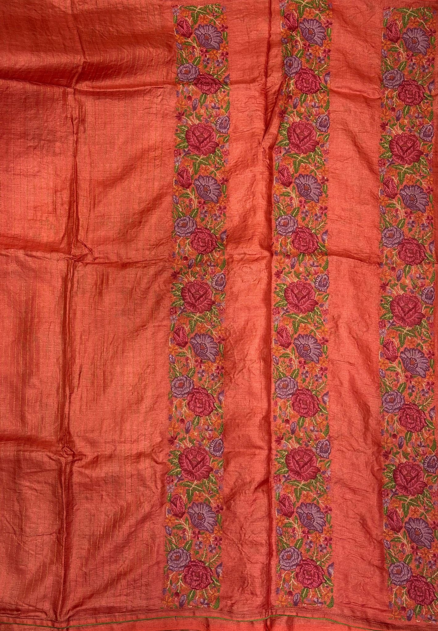 Pure Tussar Saree-Brick Red In Floral Vine Embroidered Border