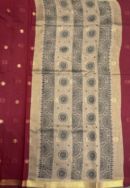 Handloom Cotton Saree-Maroon in Mini Chakra Zari Border