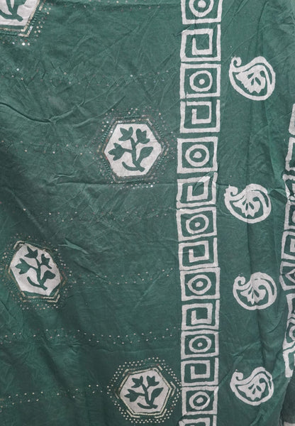 Batick Cotton Saree- Metallic Green with Sequence Work