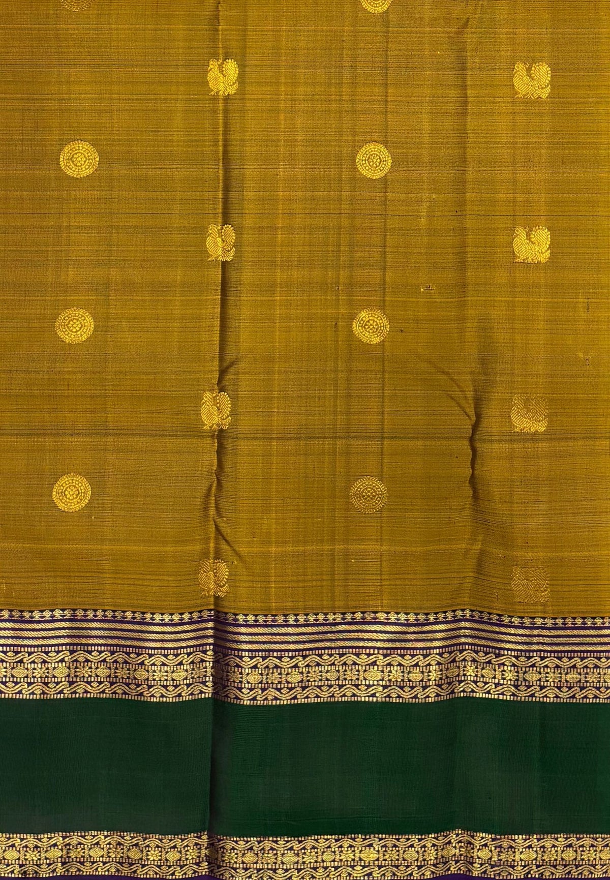 Pure Kanchipuram Silk Saree-Golden Mustard In Vertical Medallion Zari With Contrast Border
