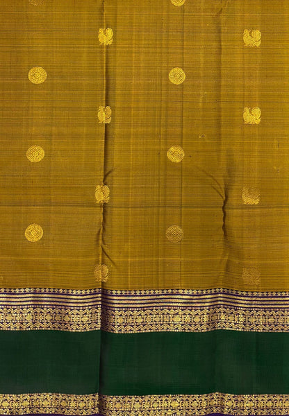 Pure Kanchipuram Silk Saree-Golden Mustard In Vertical Medallion Zari With Contrast Border