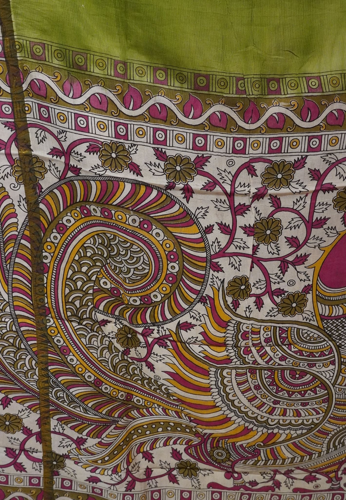 Kalamkari Silk Saree - Olive Green