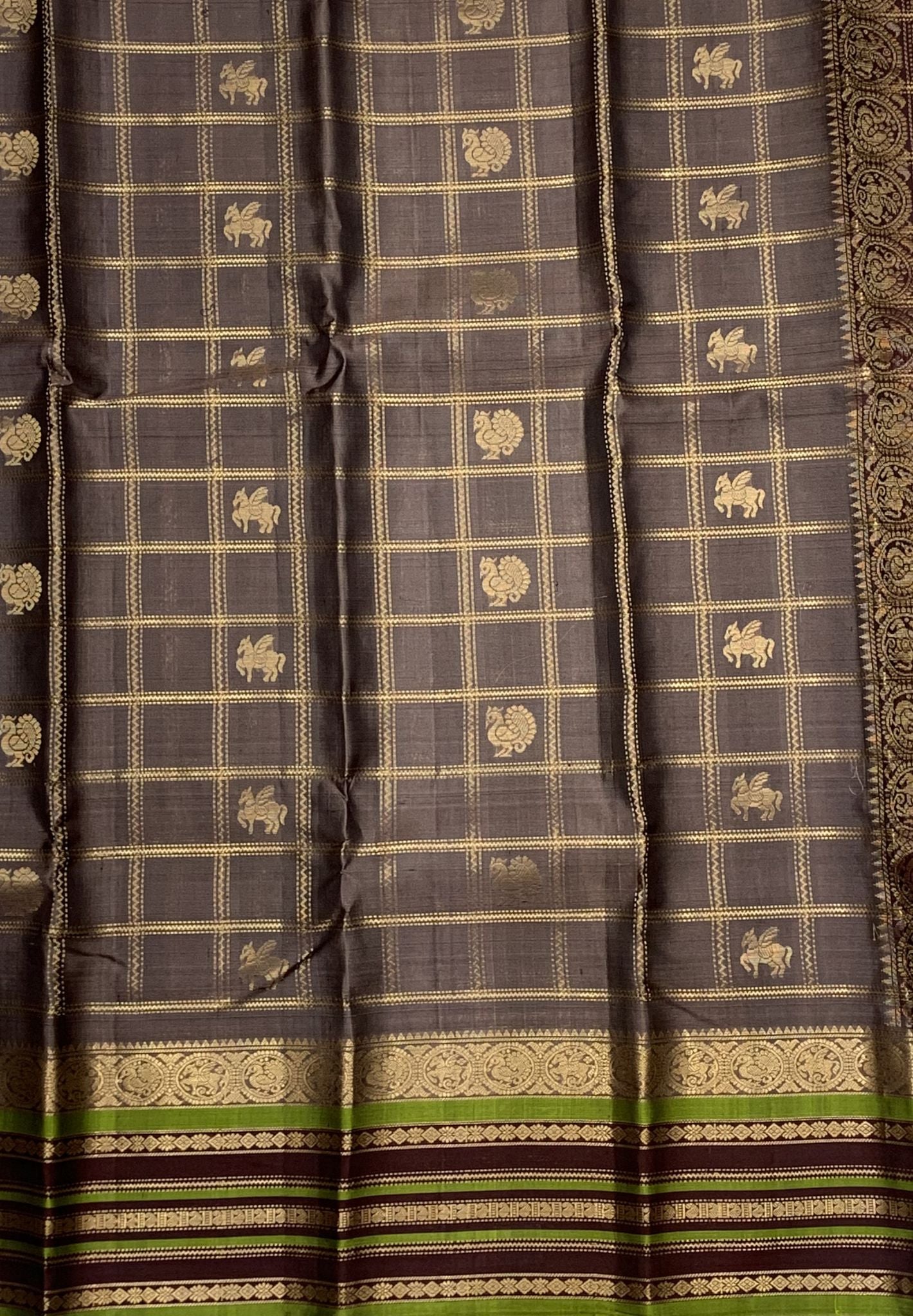 Pure Kanchipuram Silk Saree-Metallic Grey in Check with Kanchipuram Style Border