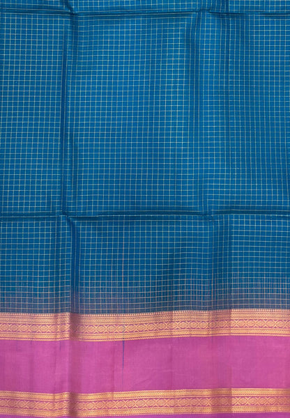 Pure Kanchipuram Silk Saree-Sky Blue in Zari Checks with Contrast Retapet Border