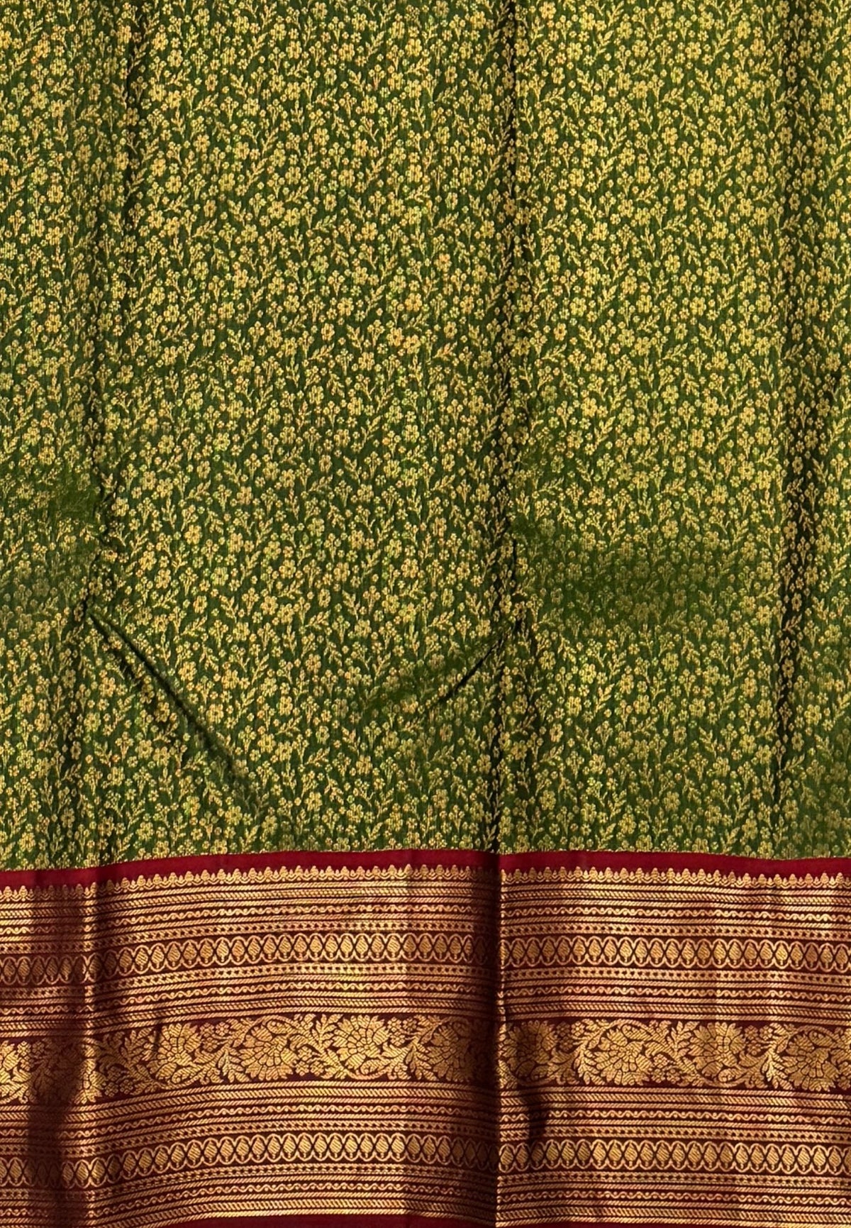 Pure Kanchipuram Silk Saree-Green in Antique Gold Temple Floral Zari with Contrast Border