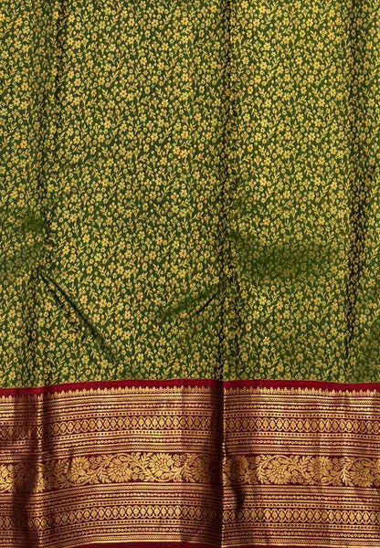 Pure Kanchipuram Silk Saree-Green in Antique Gold Temple Floral Zari with Contrast Border