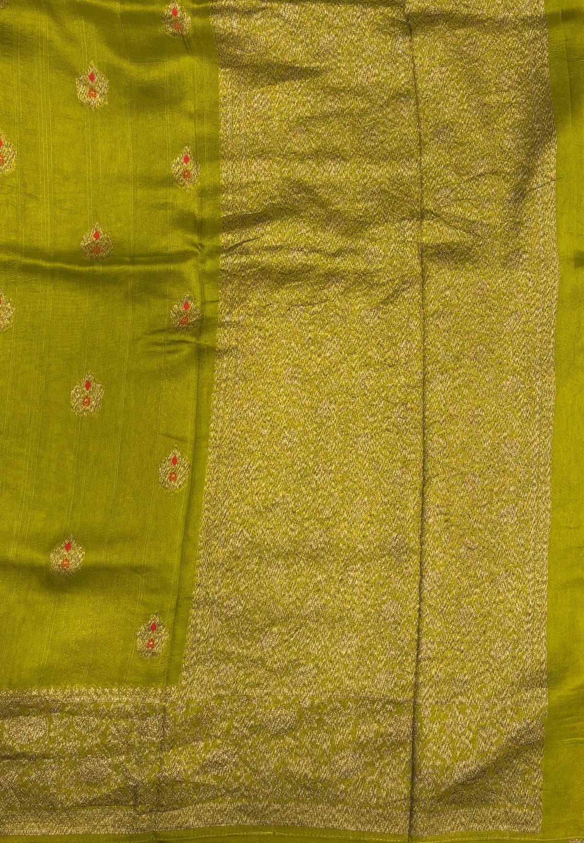 Banarasi Tussar Saree-Mehandi Green in Floral Brocade Zari Border