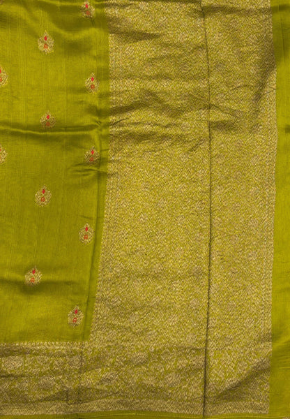 Banarasi Tussar Saree-Mehandi Green in Floral Brocade Zari Border