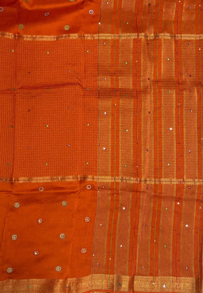 Viscose Saree-Rust Orange In Fine Stripe Zari Border