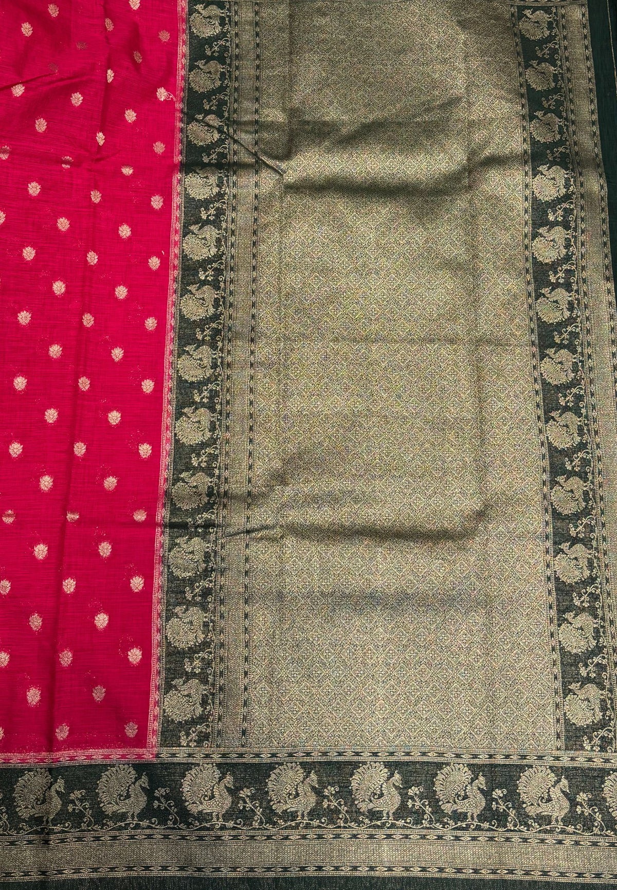 Tussar Linen Saree-Rani Pink in Traditional Peacock Floral Zari with Contrast Border